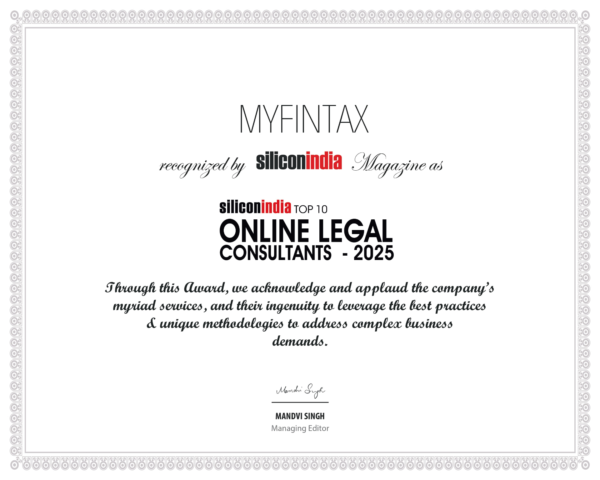 SiliconIndia Top 10 Online Legal Consultants 2025 recognition certificate awarded to MYFINTAX